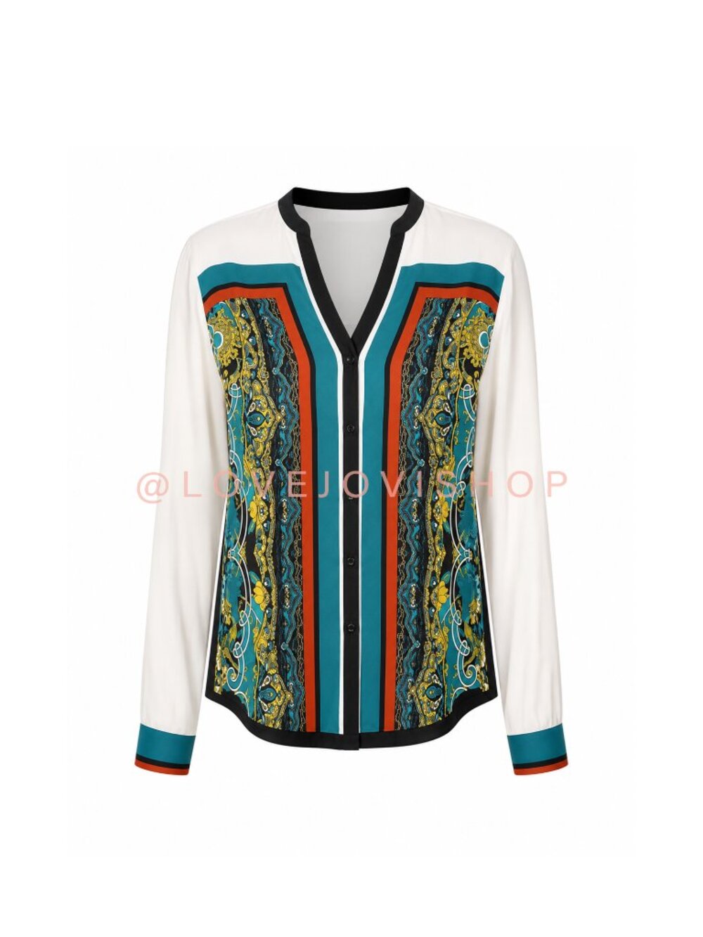 Maximalist | Cache 90s Silk Teal Colorblock Versace Print Long Sleeve Top | M